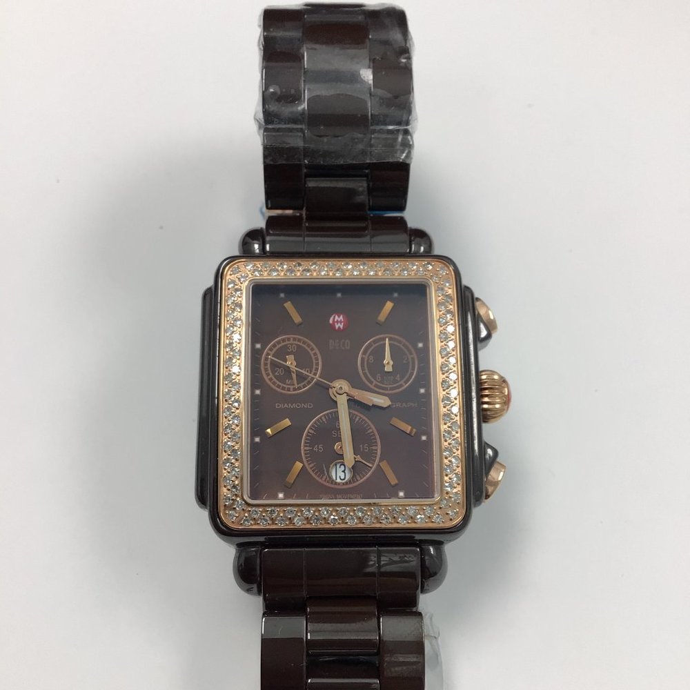 Michele Deco Brown Ceramic Diamond Bezel Watch